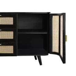 RENDEZ-VOUS DÉCO - Wendy - buffet noir 2 portes 3 tiroirs en bois de manguier et cannage