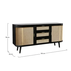 RENDEZ-VOUS DÉCO - Wendy - buffet noir 2 portes 3 tiroirs en bois de manguier et cannage
