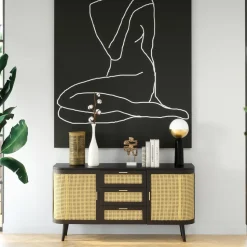 RENDEZ-VOUS DÉCO - Wendy - buffet noir 2 portes 3 tiroirs en bois de manguier et cannage