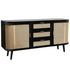 RENDEZ-VOUS DÉCO - Wendy - buffet noir 2 portes 3 tiroirs en bois de manguier et cannage