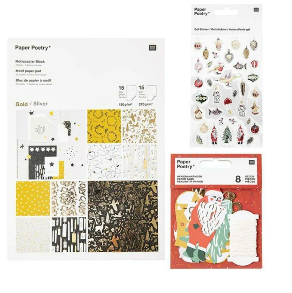 RICO DESIGN - 30 feuilles de papier or-argent + stickers gel + 8 étiquettes noël nostalgique