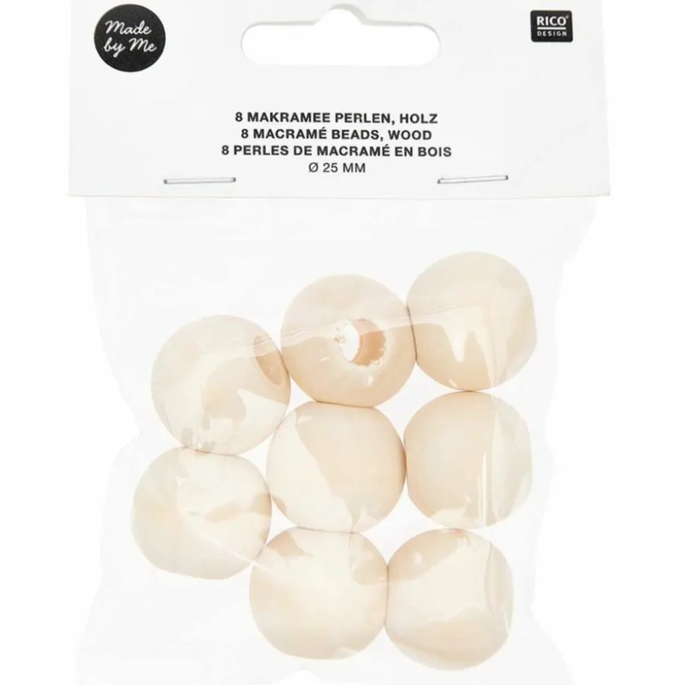 RICO DESIGN - 8 perles rondes macramé - bois nature - 25 mm