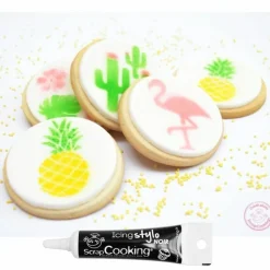 SCRAPCOOKING - 4 mini pochoirs à gâteaux summer ø 6 cm + stylo de glaçage noir