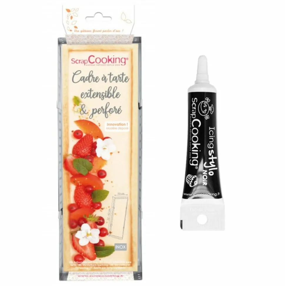 SCRAPCOOKING - Cadre à tarte rectangulaire extensible en inox 22/42 cm + stylo glaçage noir