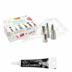 SCRAPCOOKING - Coffret 6 douilles pâtissières inox & poches jetables + stylo glaçage noir