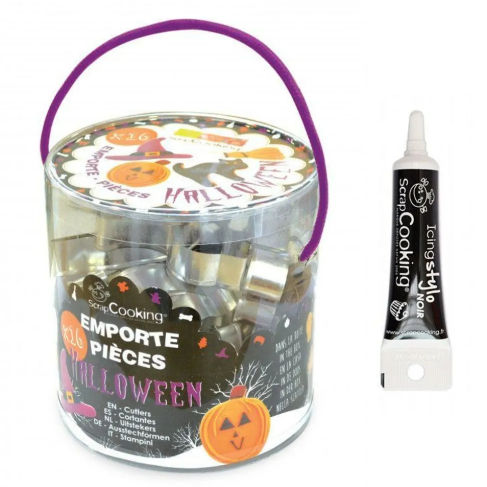SCRAPCOOKING - Seau 16 emporte-pièces à pâtisserie halloween + stylo alimentaire noir