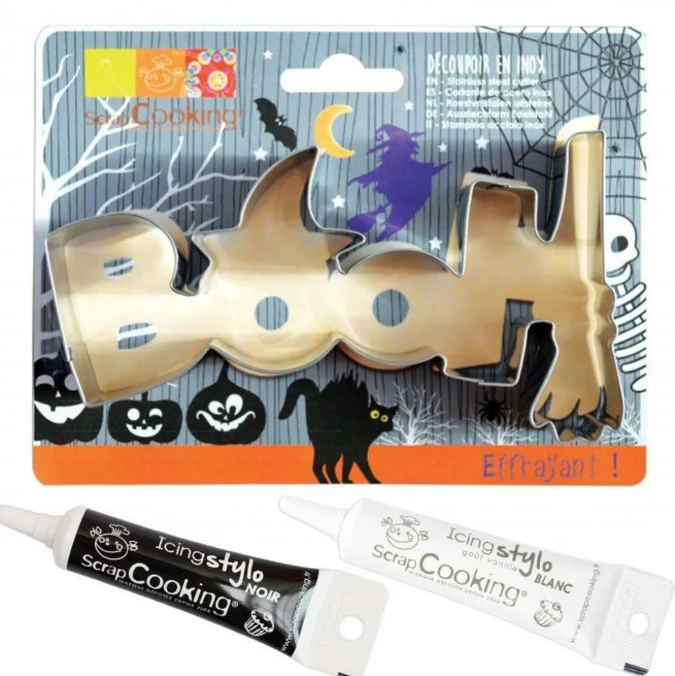 SCRAPCOOKING - Seau 16 emporte-pièces à pâtisserie halloween + stylos alimentaires noir et blanc