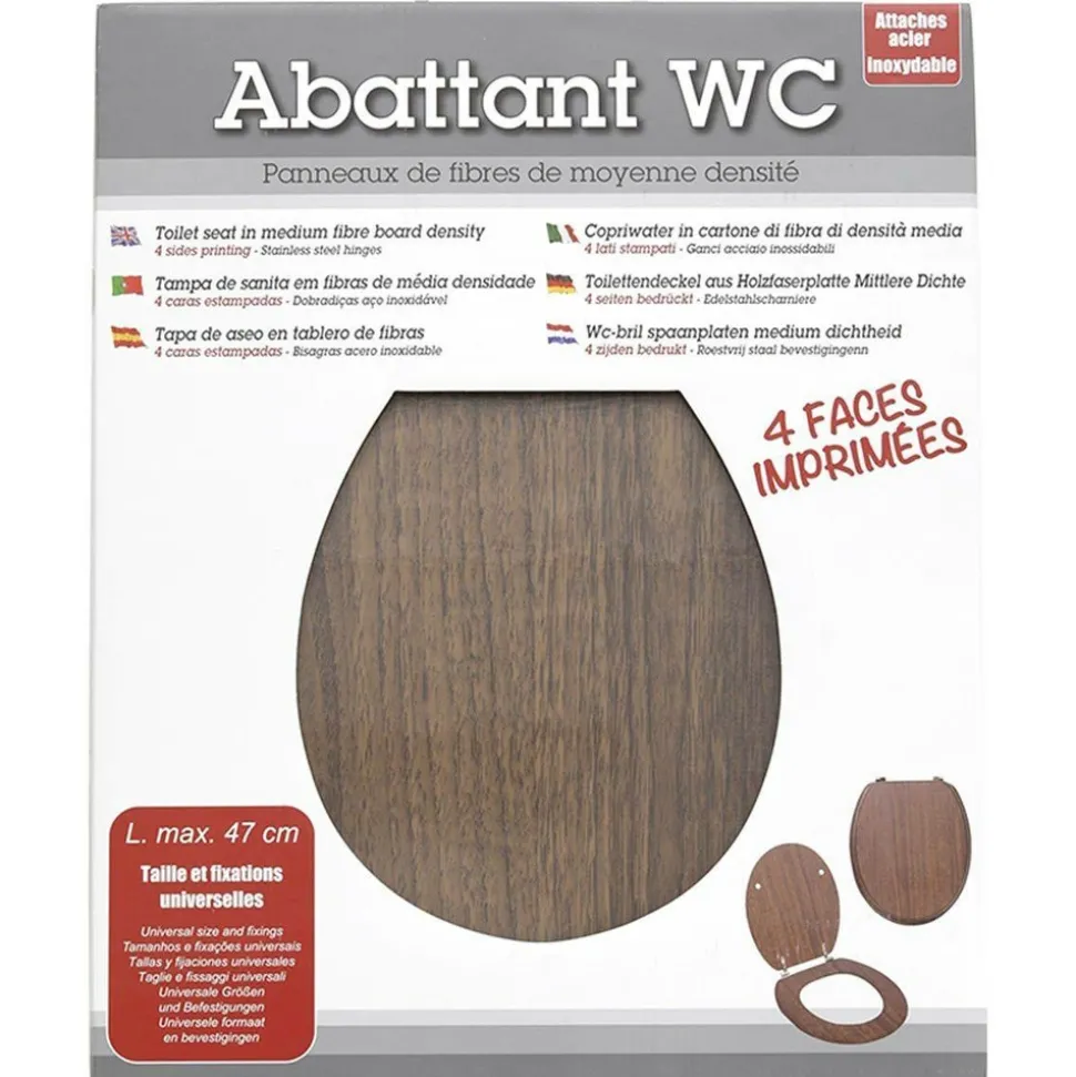 TENDANCE - Abattant wc mdf 18 pouces attaches acier inoxydable 4 faces imprimees - effet acacia