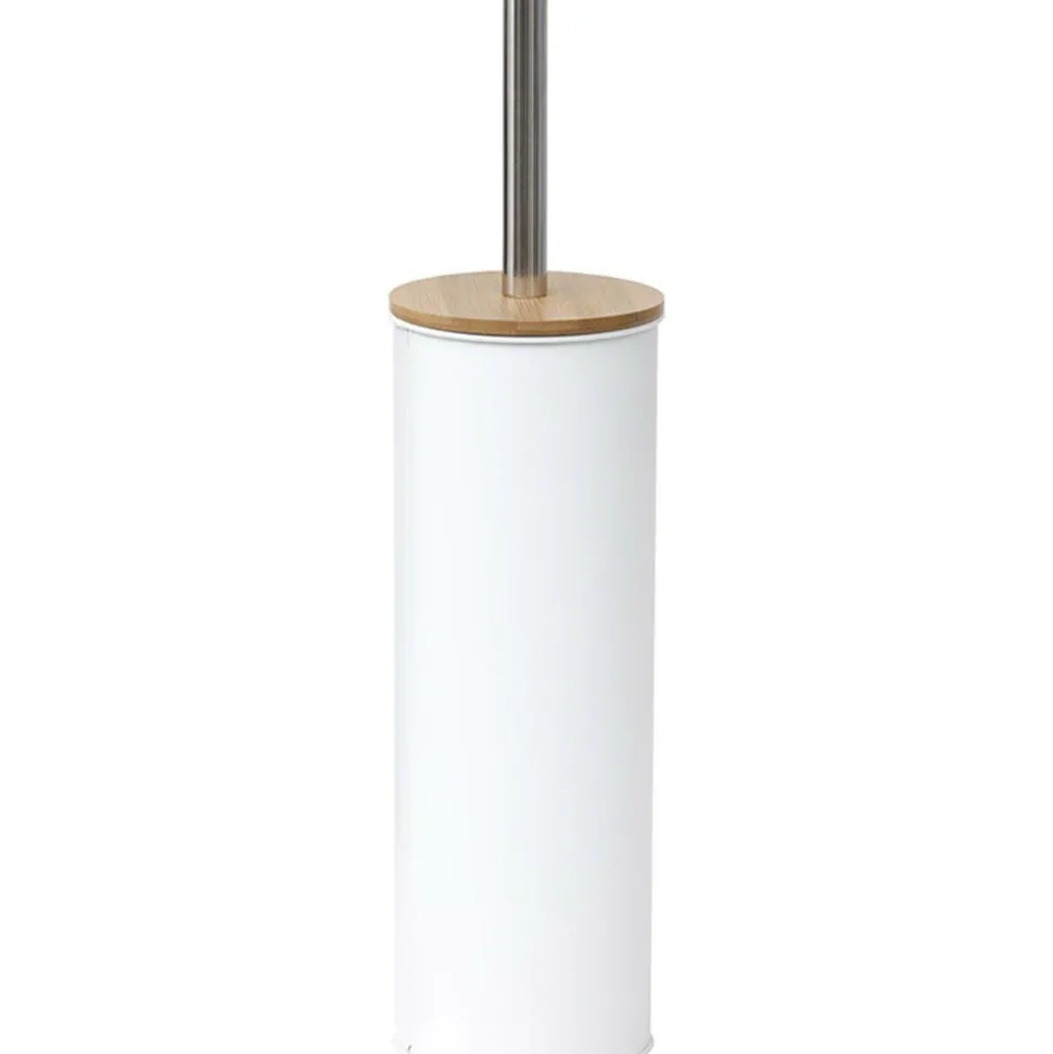 TENDANCE - Brosse wc metal couvercle bambou - blanc