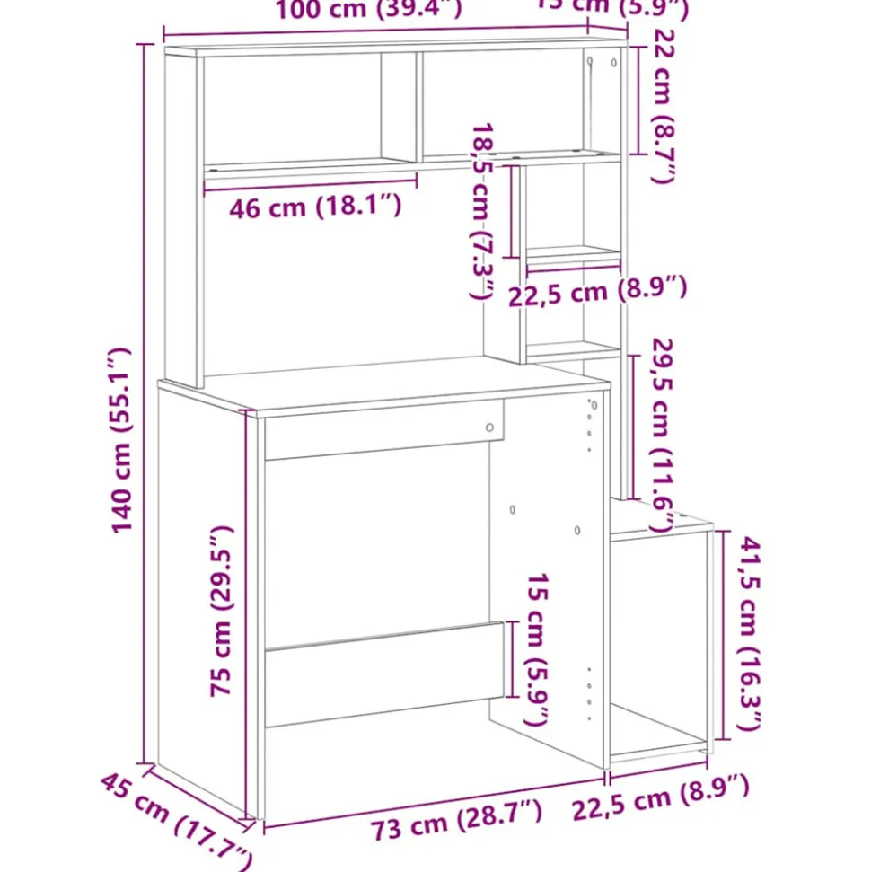 VIDAXL - Bureau avec étagères gris béton 100x45x140 cm bois d'ingénierie