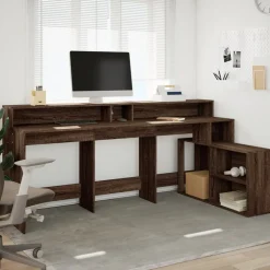 VIDAXL - Bureau et lumières led chêne marron bois d'ingénierie