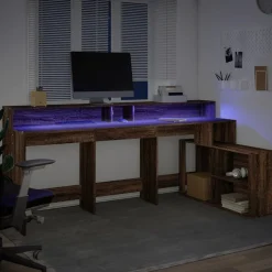 VIDAXL - Bureau et lumières led chêne marron bois d'ingénierie