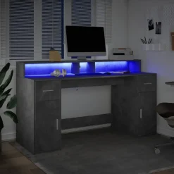 VIDAXL - Bureau et lumières led gris béton 160x55x91cm bois d'ingénierie