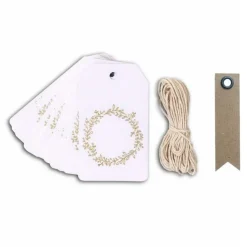 YOUDOIT - 20 étiquettes blanches 8 cm couronne de fleurs dorée & ficelle + 20 étiquettes kraft fanion