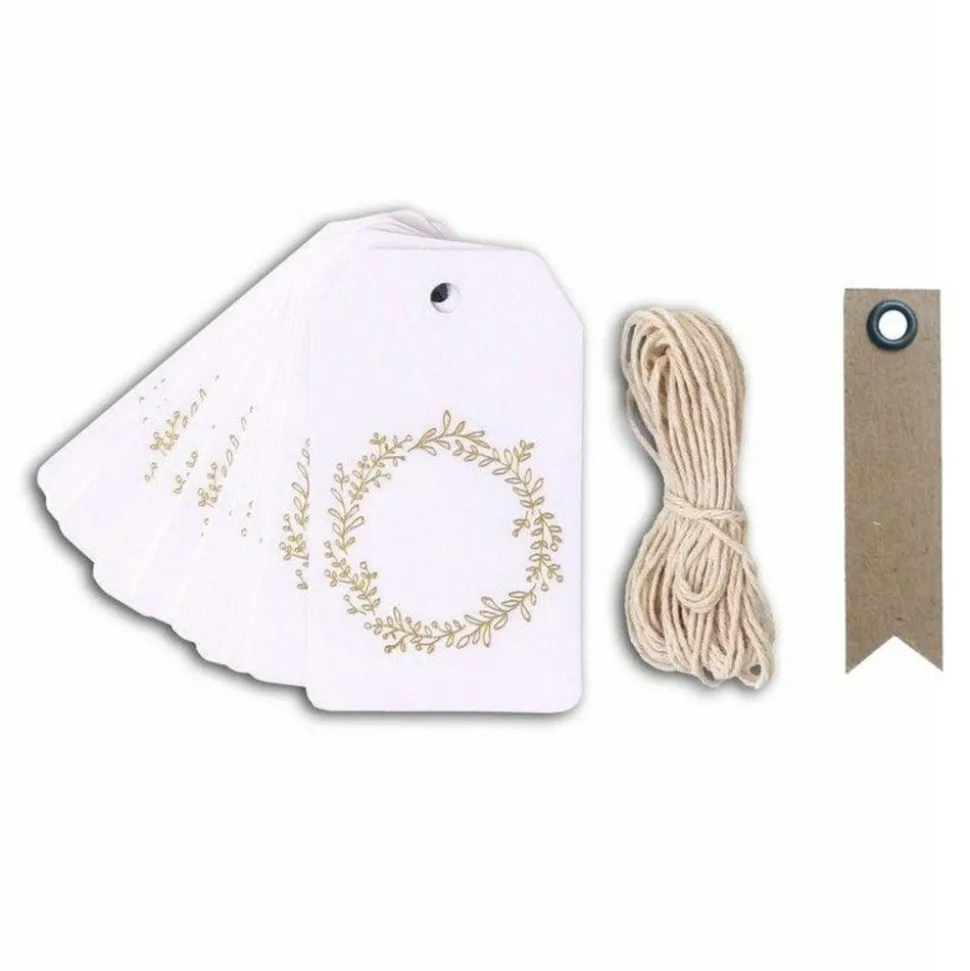 YOUDOIT - 20 étiquettes blanches 8 cm couronne de fleurs dorée & ficelle + 20 étiquettes kraft fanion