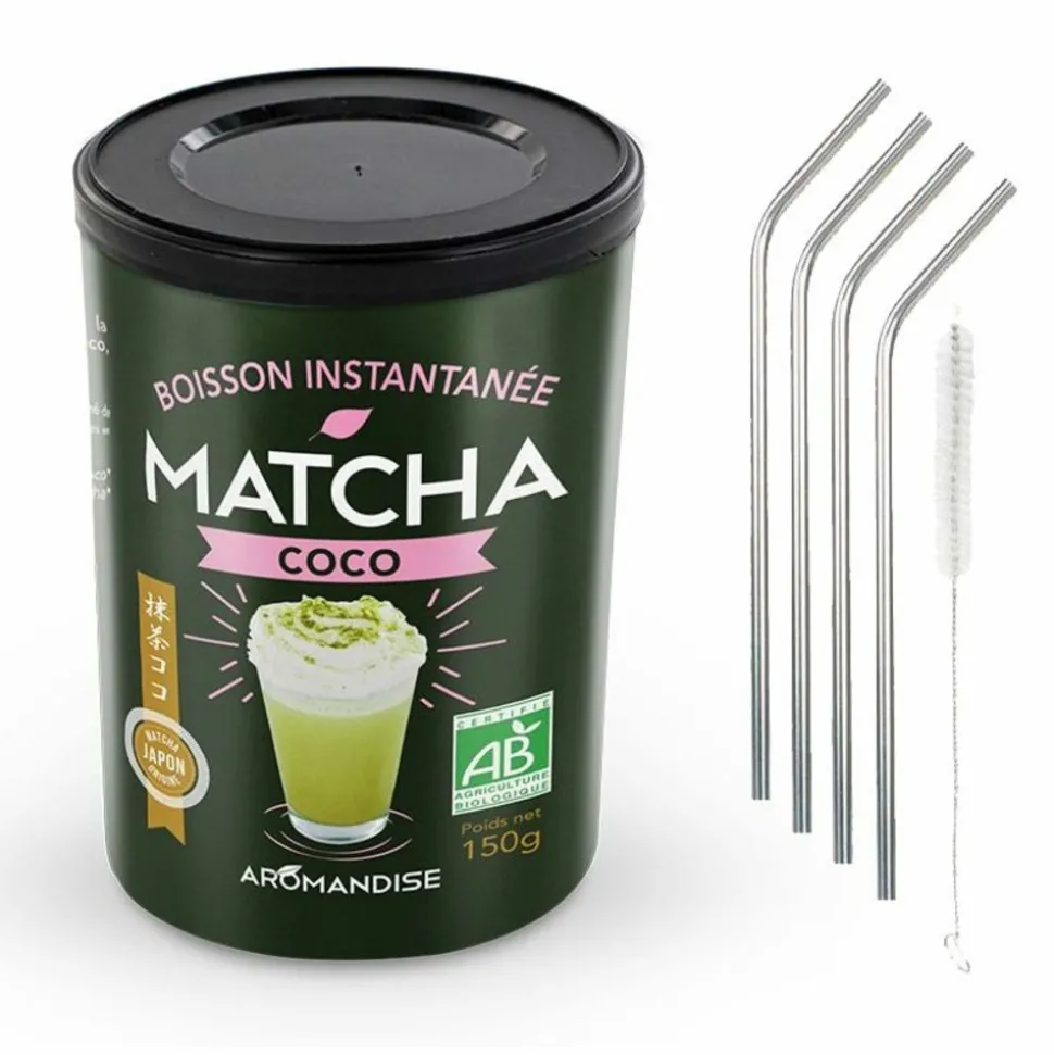 YOUDOIT - Boisson instantanée matcha coco 150 g + 4 pailles en inox