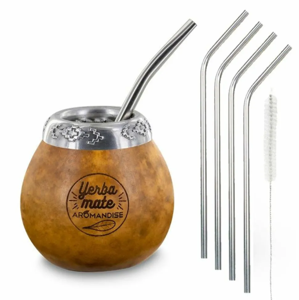 YOUDOIT - Calebasse et bombilla pour maté + 4 pailles en inox