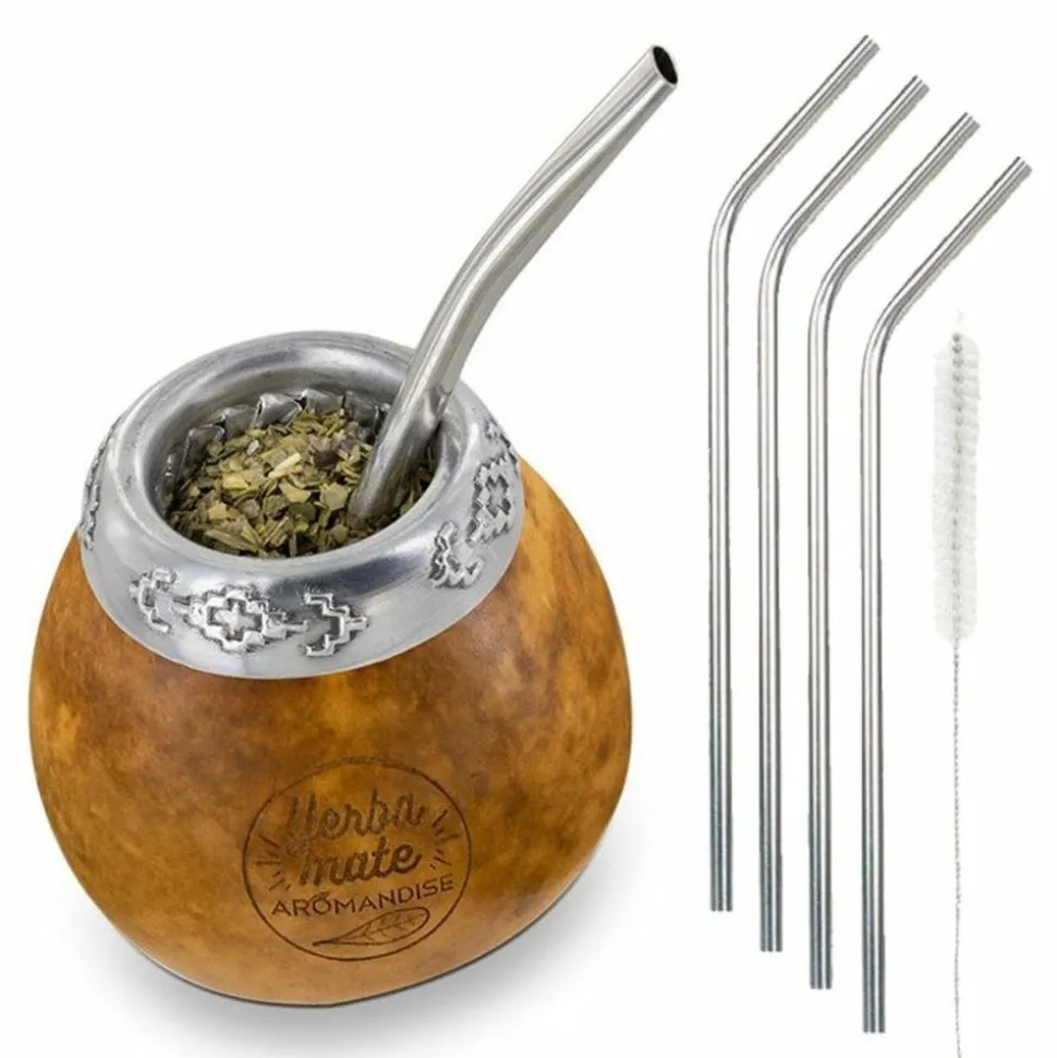 YOUDOIT - Calebasse et bombilla pour maté + 4 pailles en inox