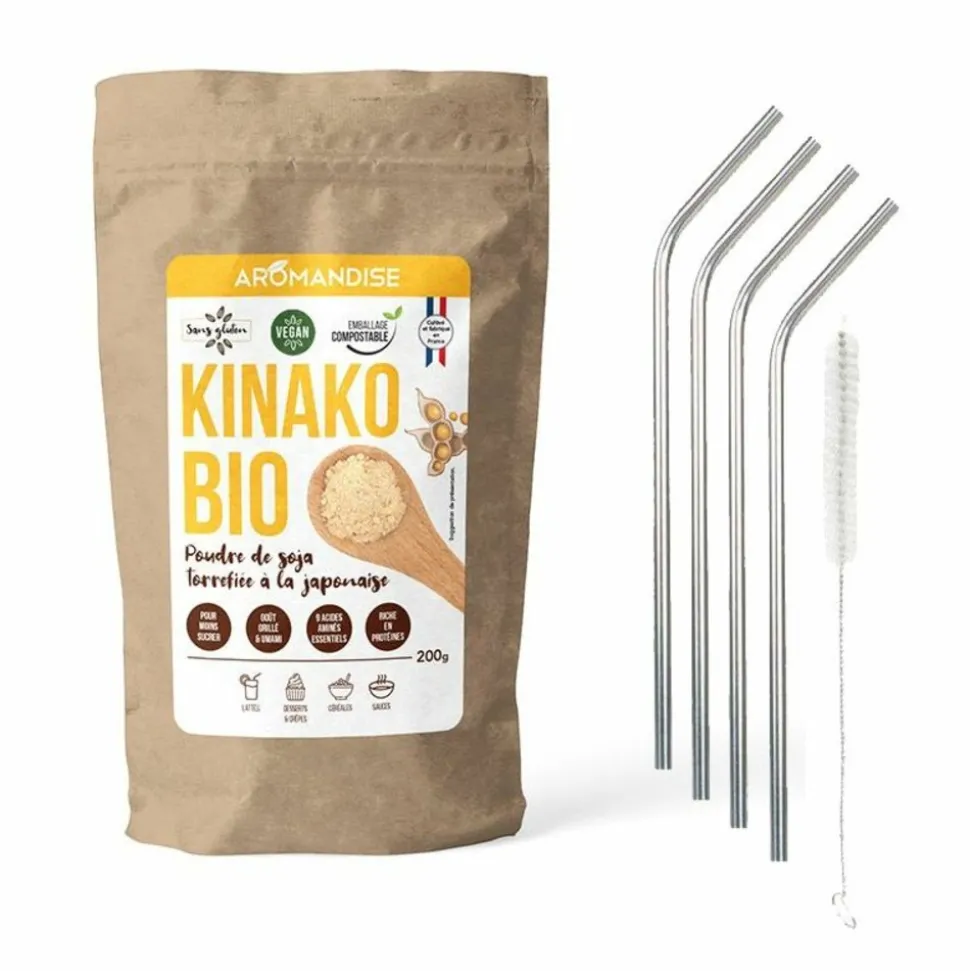 YOUDOIT - Poudre de soja torréfié bio kinako 80 g + 4 pailles en inox