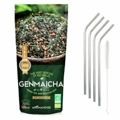YOUDOIT - Thé vert bio et riz complet genmaicha 100 g + 4 pailles en inox