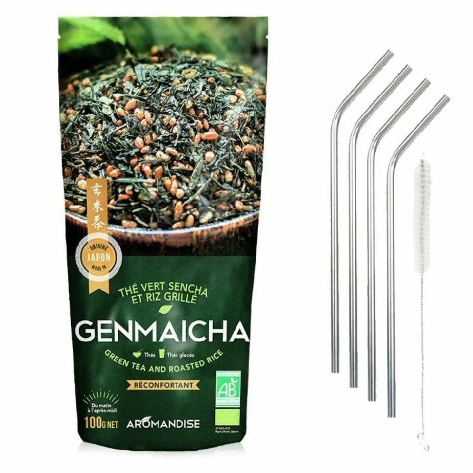 YOUDOIT - Thé vert bio et riz complet genmaicha 100 g + 4 pailles en inox