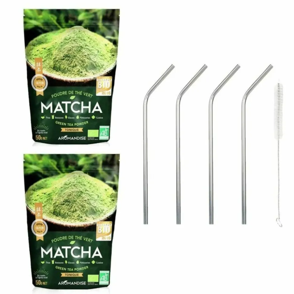YOUDOIT - Thé vert bio matcha en poudre 100 g + 4 pailles en inox