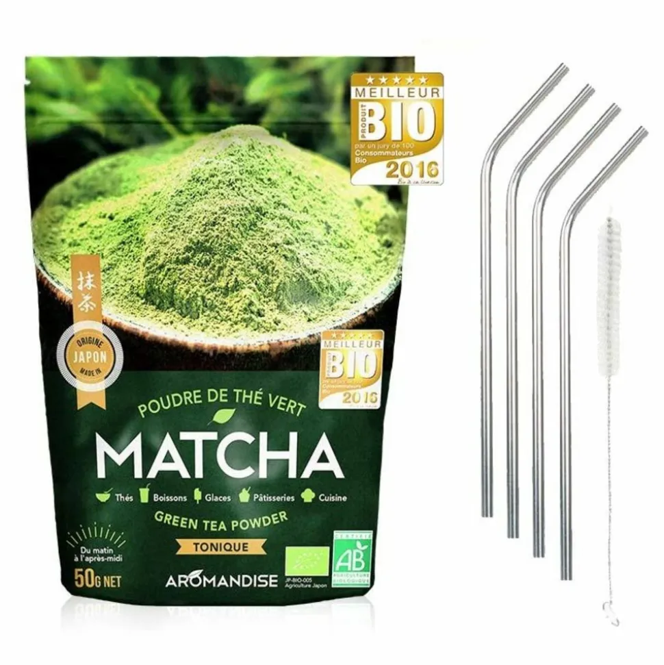 YOUDOIT - Thé vert bio matcha en poudre 50 g + 4 pailles en inox