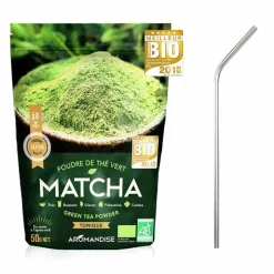 YOUDOIT - Thé vert bio matcha en poudre 50 g + 4 pailles en inox