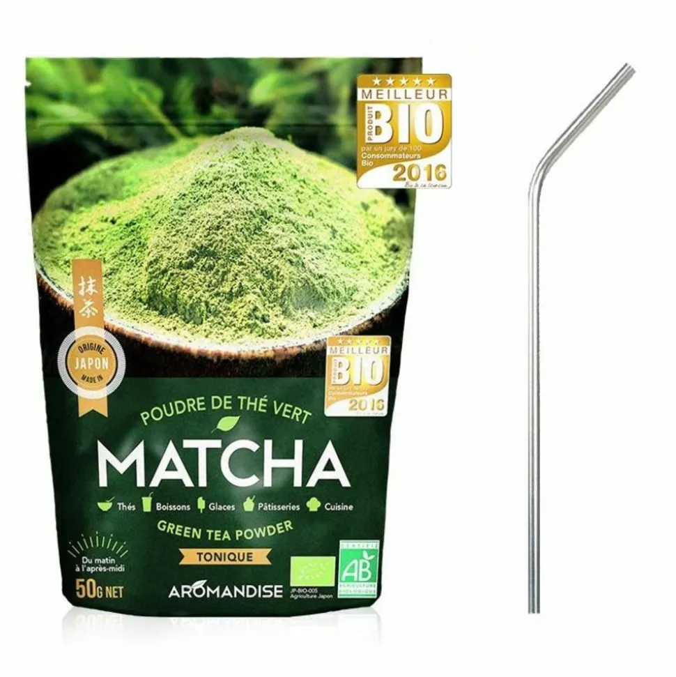 YOUDOIT - Thé vert bio matcha en poudre 50 g + 4 pailles en inox
