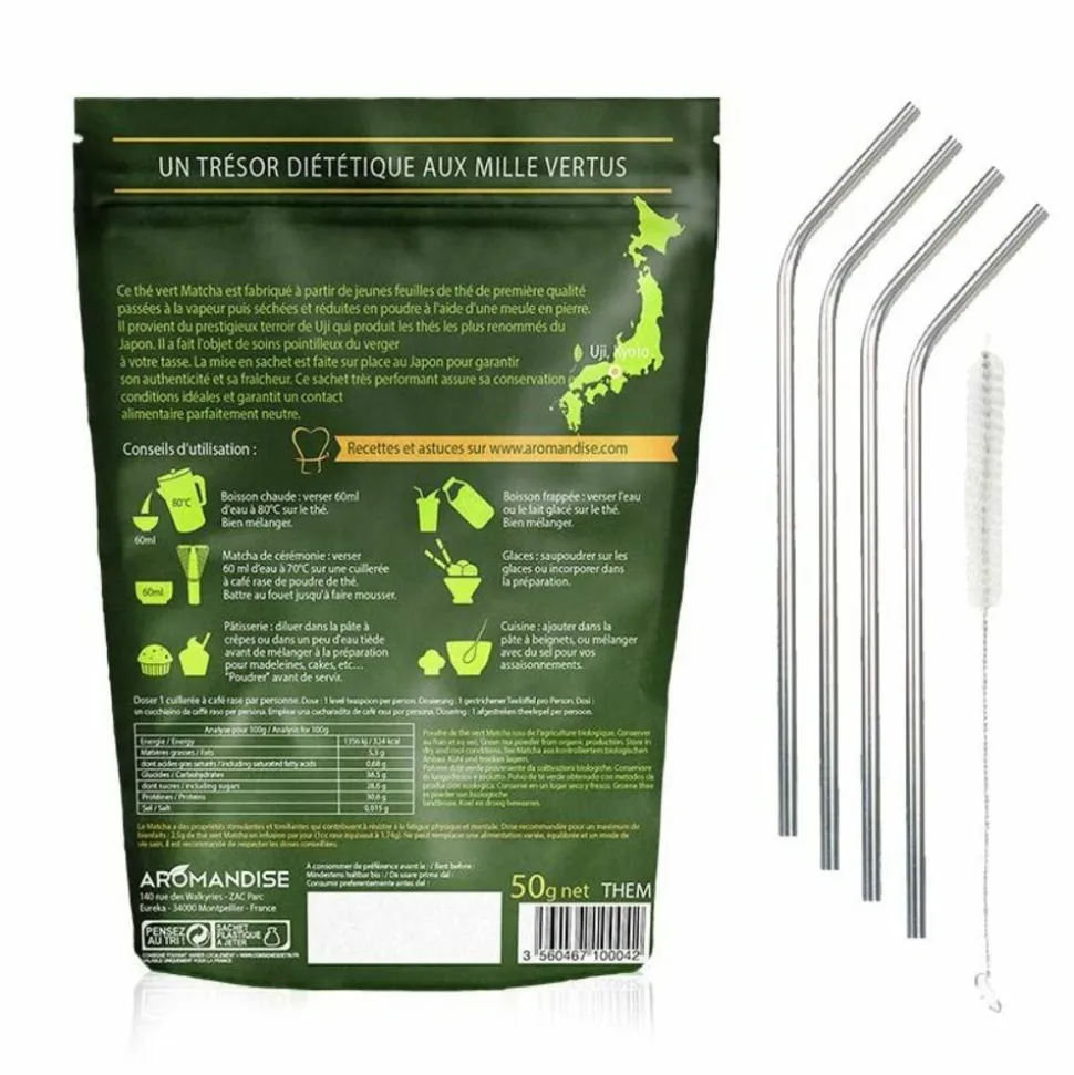 YOUDOIT - Thé vert bio matcha en poudre 50 g + 4 pailles en inox